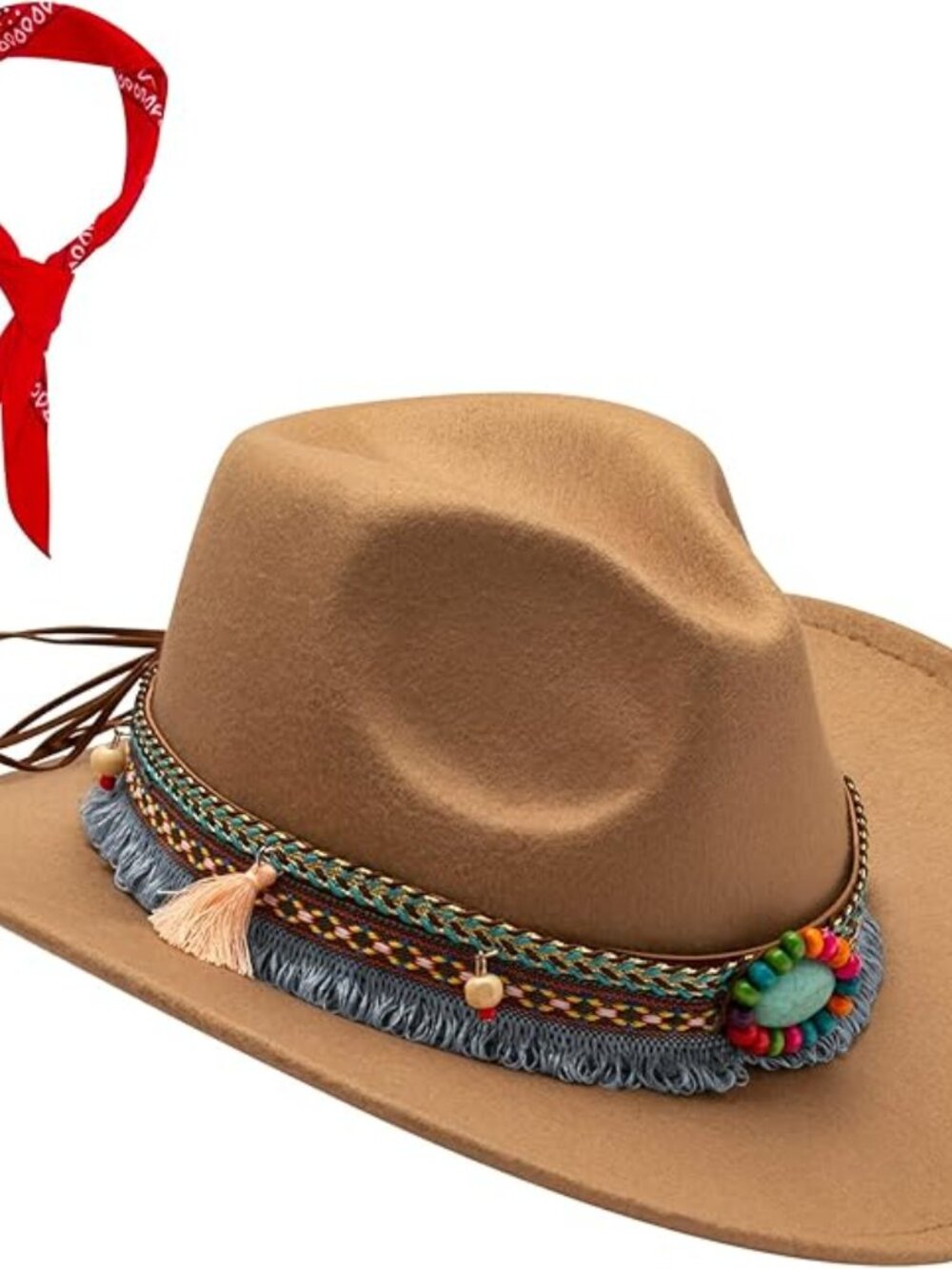 cowboyhat-khaki-58-tassel-bandanna-red